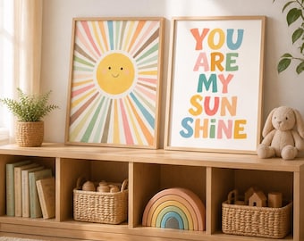 You Are My Sunshine Nursery Prints Set of 2 | Rainbow Sun Wall Art | Digital Download