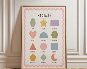Shapes Poster Classroom Decor, 2D Shape Chart Preschool, Retro Classroom Wall Art, Kindergarten Math Poster, Boho Classroom Decor