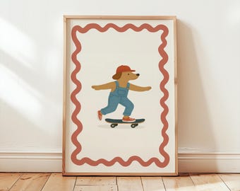 Dog on Skateboard Retro Print, Skateboarding Dog Wall Art, Vintage Kids Room Decor, Cool Animal Poster, Playroom Wall Art