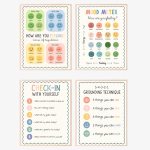 May include: Four framed posters with educational content. The posters include text about zones of regulation, a mood meter, a self-check-in guide, and a grounding technique. Each poster has a scalloped border and a wooden frame.