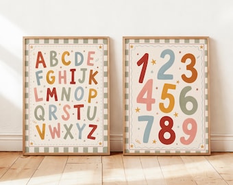 Retro Alphabet and Numbers Poster Set, ABC 123 Nursery Prints, Educational Playroom Decor, Preschool Wall Art, Vintage Kids Room, Classroom
