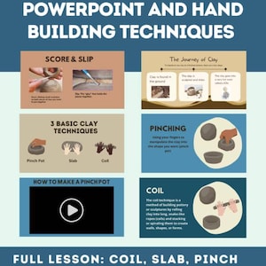 May include: An educational infographic about clay hand-building techniques. The image includes text that reads "Intro to Clay PowerPoint and Hand Building Techniques." It also shows the techniques of score & slip, pinching, coil, and slab.