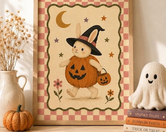 Halloween Bunny Poster, Bunny in Pumpkin Costume, Vintage Nursery Wall Art