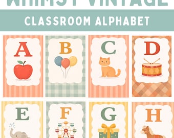 Vintage Alphabet Posters A-Z Classroom Decor, Retro Nursery ABC Wall Art, Soft Pastel Educational Prints, Homeschool Learning Set, Playroom