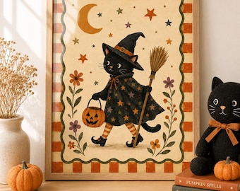 Black Cat Wall Art Print, Vintage Halloween Decor, Cozy Cottagecore Nursery Artwork, Whimsical Witchy Home Decor