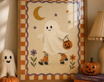 Vintage Halloween Wall Art Poster, Cute Ghost Pumpkin Print, Retro Fall Decor