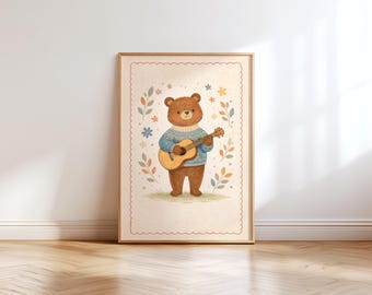 Bear Playing Guitar Nursery Art, Musical Animal Wall Art, Woodland Nursery Decor, Kids Room Wall Art, Cute Bear Musician Print