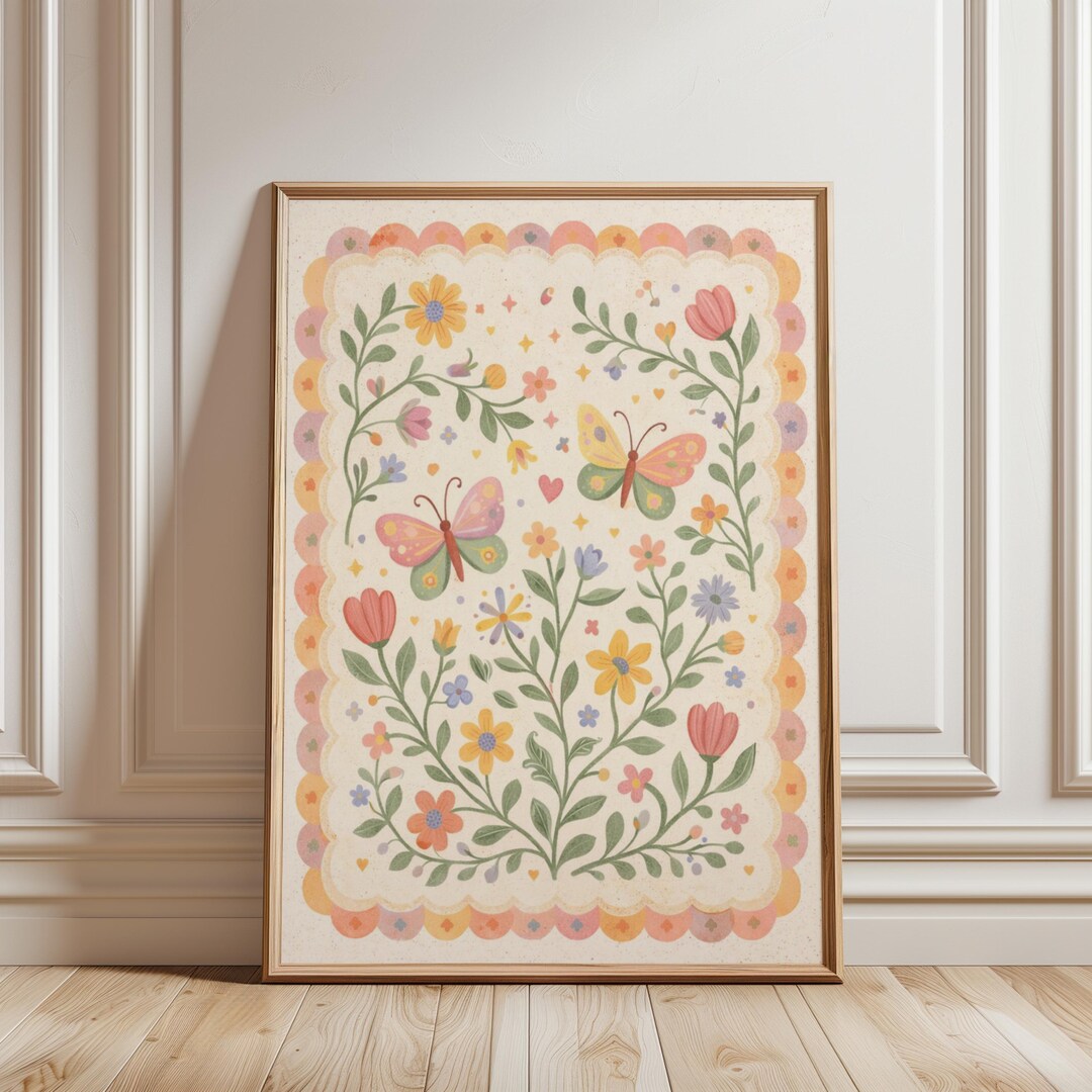 Floral Butterfly Nursery Wall Art, Vintage Folk Art Print, Cottagecore ...