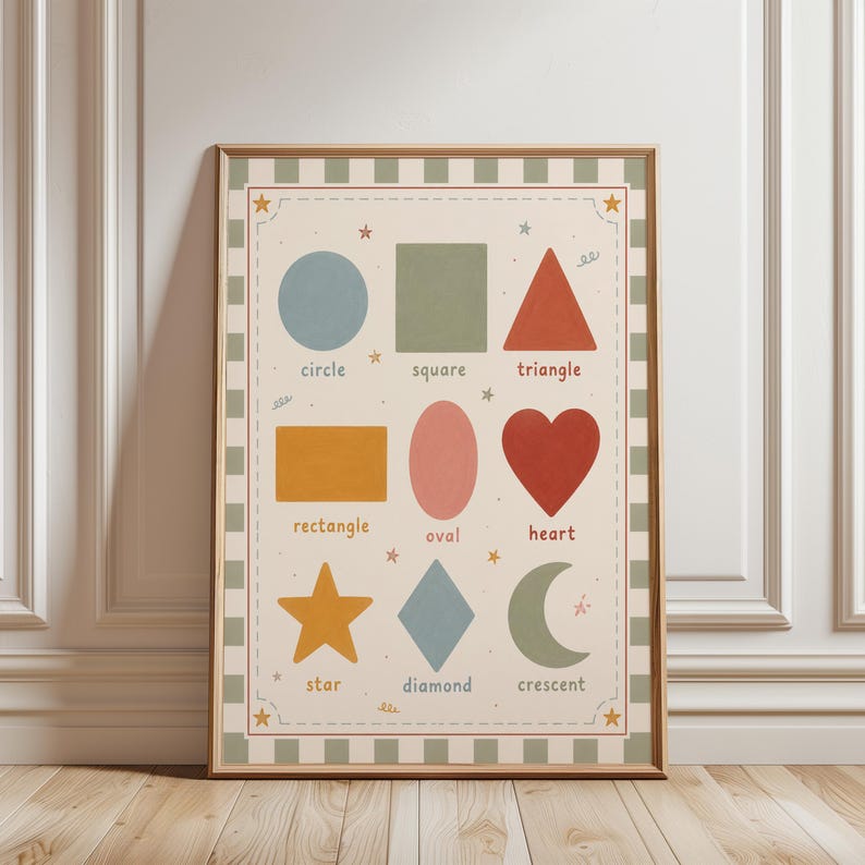May include: A framed educational poster featuring various colorful geometric shapes, including a circle, square, triangle, rectangle, oval, heart, star, diamond, and crescent. Each shape is labeled with its name in a playful font, with star accents.