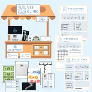 May include: A veterinary clinic illustration with a reception desk, patient records, and prescription forms. The scene includes a scale, thermometer, and money, along with a sign that says "Take a Treat!" and "Open".