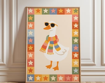 Retro Goose with Sunglasses Nursery Wall Art, Funny Goose Kids Room Print, Vintage Animal Poster, Playroom Decor, Silly Goose Art
