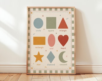 Shapes Poster for Kids, Preschool Shapes Chart, Retro Nursery Wall Art, Toddler Learning Print, Homeschool Classroom Decor, Educational