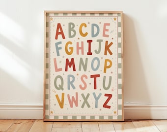 Alphabet Poster, Retro ABC Wall Art, Classroom Alphabet Print, Vintage Kids Room Decor, Nursery ABC Poster, Preschool Learning Art