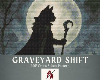 Vampire Hunter Cat Cross Stitch Pattern: Gothic Cemetery Scene (PDF Download