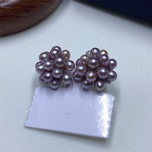 Handmade Freshwater Pearl &quot;Fireworks&quot; Stud Earrings, White & Purple Pearl Clusters, 925 Silver Post, Platinum Plated, Bridesmaid Gift
