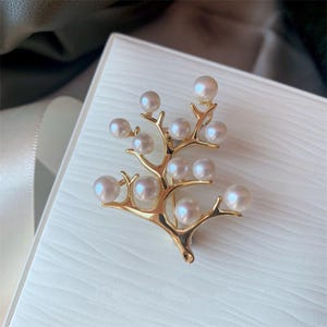Tree of Life Pearl Brooch | Gold Plated Family Tree Pin | Handmade Statement Jewelry | Nature Inspired Gift for Mom, Women