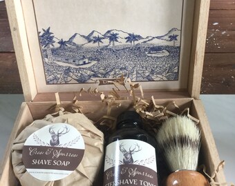 Mens cigar box Shave Kit Boar Bristle Shave Brush Cold processed shave soap wooden box set gift for him