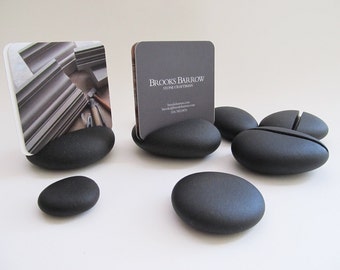 Pebble Card Holder, Black Stone Notecard Holder, Smooth Stone Business Card Holder