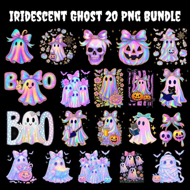 20 Iridescent Ghost Png Bundle, Iridescent Ghost Png, Girly Halloween Png, Cute Ghost Png, Coquette Halloween Png, Disco Iridescent