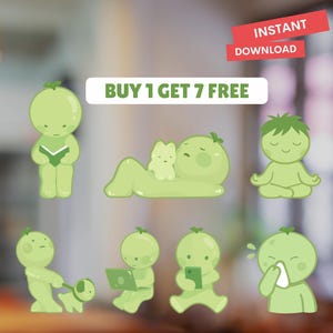 Little Green Guys PNG Bundle, Green Guys Smiski PNG, Cute Silly Decals, Gifts for Trinket Collectors, Little Green Sticker, Smiski, 300 DPI