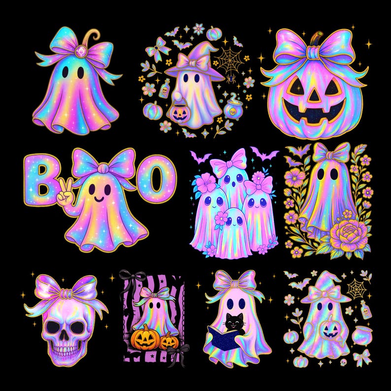 20 Iridescent Ghost Png Bundle, Iridescent Ghost Png, Girly Halloween Png, Cute Ghost Png, Coquette Halloween Png, Disco Iridescent