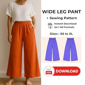 Puede incluir: Se muestra un pantalón de pierna ancha naranja con cintura elástica. La modelo lleva un top blanco. La imagen también incluye un gráfico de patrón de costura con el texto "WIDE LEG PANT" y "Sewing Pattern". El patrón está disponible en tallas XS a XL.