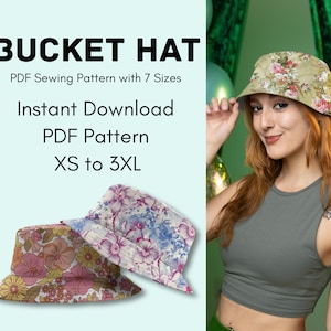 Könnte beinhalten: Zwei Bucket Hats mit Blumenmuster, einer mit rosa, gelbem und braunem Muster, der andere mit blauem und violettem Blumendesign. Eine Frau trägt einen floralen Bucket Hat. Text auf dem Bild: BUCKET HAT, PDF Sewing Pattern with 7 Sizes, Instant Download, PDF Pattern, XS to 3XL.