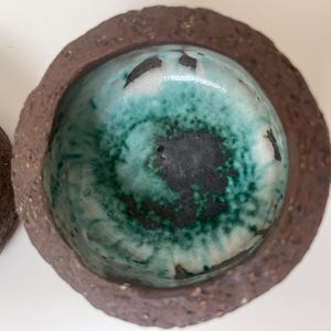 Brutalist Studio Pottery Bowls – Handbuilt Danish Ceramics, Lava Clay with Crystalline Green Glaze (Set of 2)