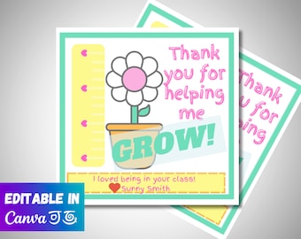 Teacher Appreciation Gift Tag Template | End of the School year Gift Tag | Instant Download |Thank you for helping me grow! | Teacher Gift