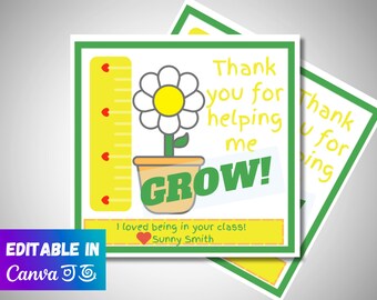 Teacher Appreciation Gift Tag Template | End of the School year Gift Tag | Instant Download |Thank you for helping me grow! | Teacher Gift