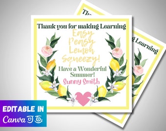 Teacher Appreciation Gift Tag Template | end of year gift tag | Instant Download | thank you for making learning easy peasy lemon squeezy!