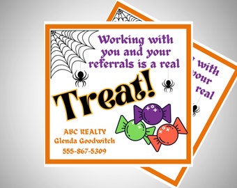 Halloween Real Estate Pop by | Working with you and your referrals is a treat | Realtor Pop-By Tag for Halloween Real Estate Marketing