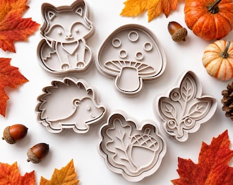 Autumn Woodland Cookie Cutter & Embosser Set, Fox, Hedgehog, Mushroom, Acorn, Leaf (3 Inch)