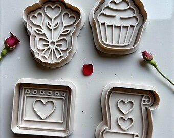 Valentine Cookie Cutters with Stamps – Heart, Cupcake, Love Notes - 3” Set