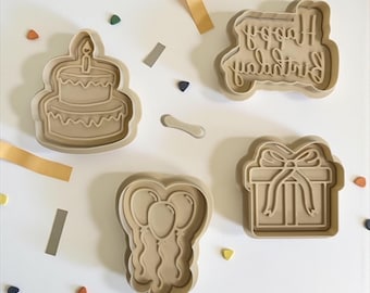 Birthday Cookie Cutter Set – Cake, Balloons, Gift & Happy Birthday stamp