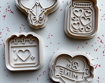 Valentine Cookie Cutters with Stamps - Heart, Balloons, Jar, Calendar - Set of 4