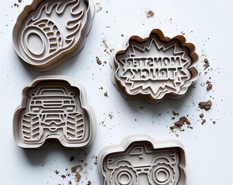 Monster Truck Cookie Cutters | Front View, Side Truck, Flaming Wheel Set