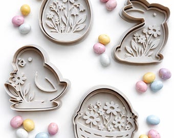 Spring Cookie Cutters with Stamps - Easter Bunny, Chick, Egg & Basket