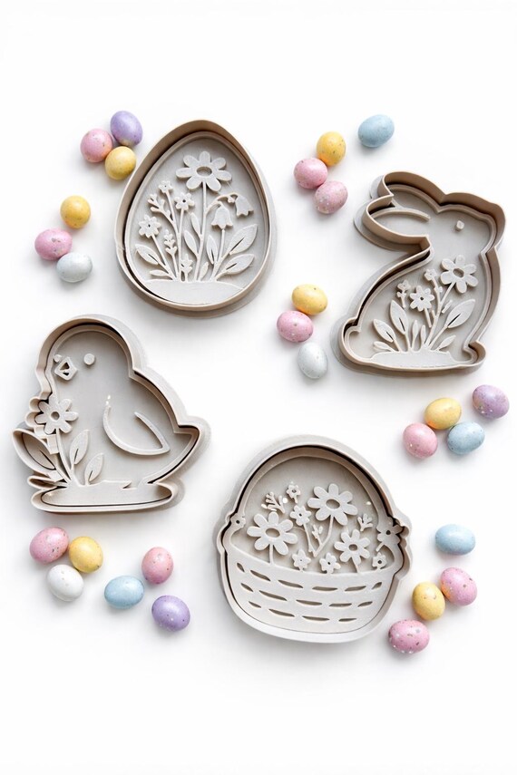 Spring Cookie Cutters with Stamps - Easter Bunny, Chick, Egg & Basket