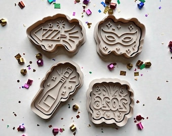 2026 New Year Cookie Cutter Set – Champagne Bottle, Fireworks, Mask & 2026 Cookie Cutters – 3 Inch Party Cookies
