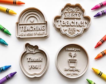 Teacher Cookie Cutter Set | Teaching Is A Work Of Heart, Teacher, Thank You For Helping Me Grow (4-Piece)