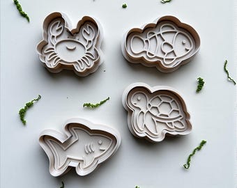 3" Ocean Animal Cookie Cutter Stamp Set | Sea Turtle, Crab, Fish