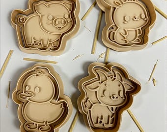 Farm Animal Cookie Cutter Set | Bunny, Pig, Duck, Goat with Stamp