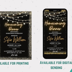 Digital Homecoming Dinner Party Invitation, Back to School, HOCO Party, Neon Glitter, Phone Text Evite, Editable Template, Instant Download