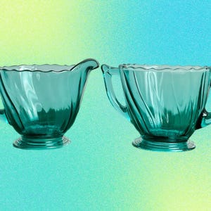 Ultramarine Swirl Depression Glass Creamer & Sugar – Jeannette Glass Co., 1930s Vintage Tableware