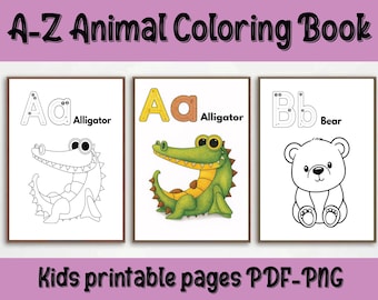 A–Z Animal Alphabet Coloring Book for Kids, ABC Learning Printable, Educational Coloring Pages, Preschool Activity, Digital Download PDF