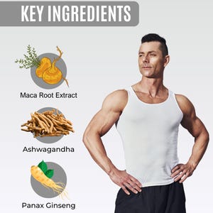 Op de afbeelding: Afbeelding met een man in een witte tanktop met de tekst "KEY INGREDIENTS" bovenaan. De afbeelding belicht drie ingredi&euml;nten: Maca Root Extract, Ashwagandha en Panax Ginseng, met illustraties.