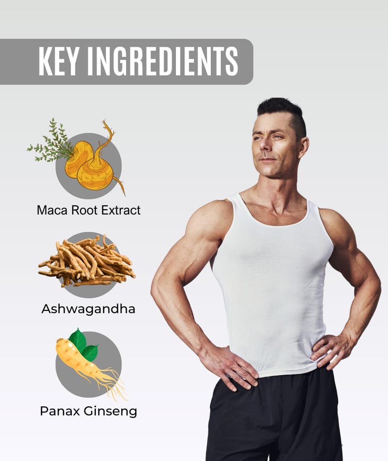 Op de afbeelding: Afbeelding met een man in een witte tanktop met de tekst "KEY INGREDIENTS" bovenaan. De afbeelding belicht drie ingredi&euml;nten: Maca Root Extract, Ashwagandha en Panax Ginseng, met illustraties.