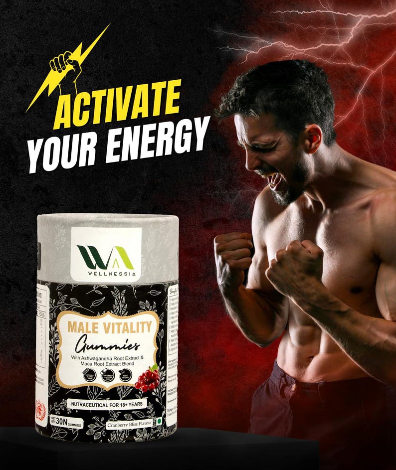 Op de afbeelding: Een advertentie voor "Male Vitality Gummies" met de tekst "Activate Your Energy". Het product zit in een cilindrische container met een zwart-wit label. Het label bevat de merknaam "Wellnessia" en de woorden "Male Vitality Gummies". Op de achtergrond is een gespierde man te zien.