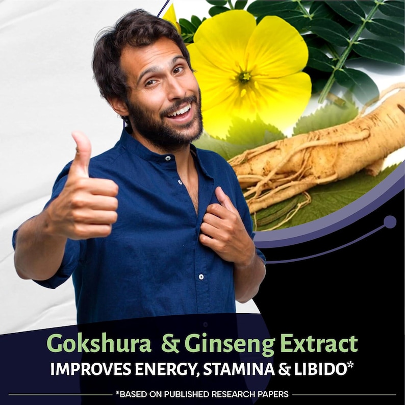 May include: Image features a man giving a thumbs up, with Gokshura & Ginseng Extract text. A yellow flower and a ginseng root are also visible. The text reads "IMPROVES ENERGY, STAMINA & LIBIDO*" and "*BASED ON PUBLISHED RESEARCH PAPERS."